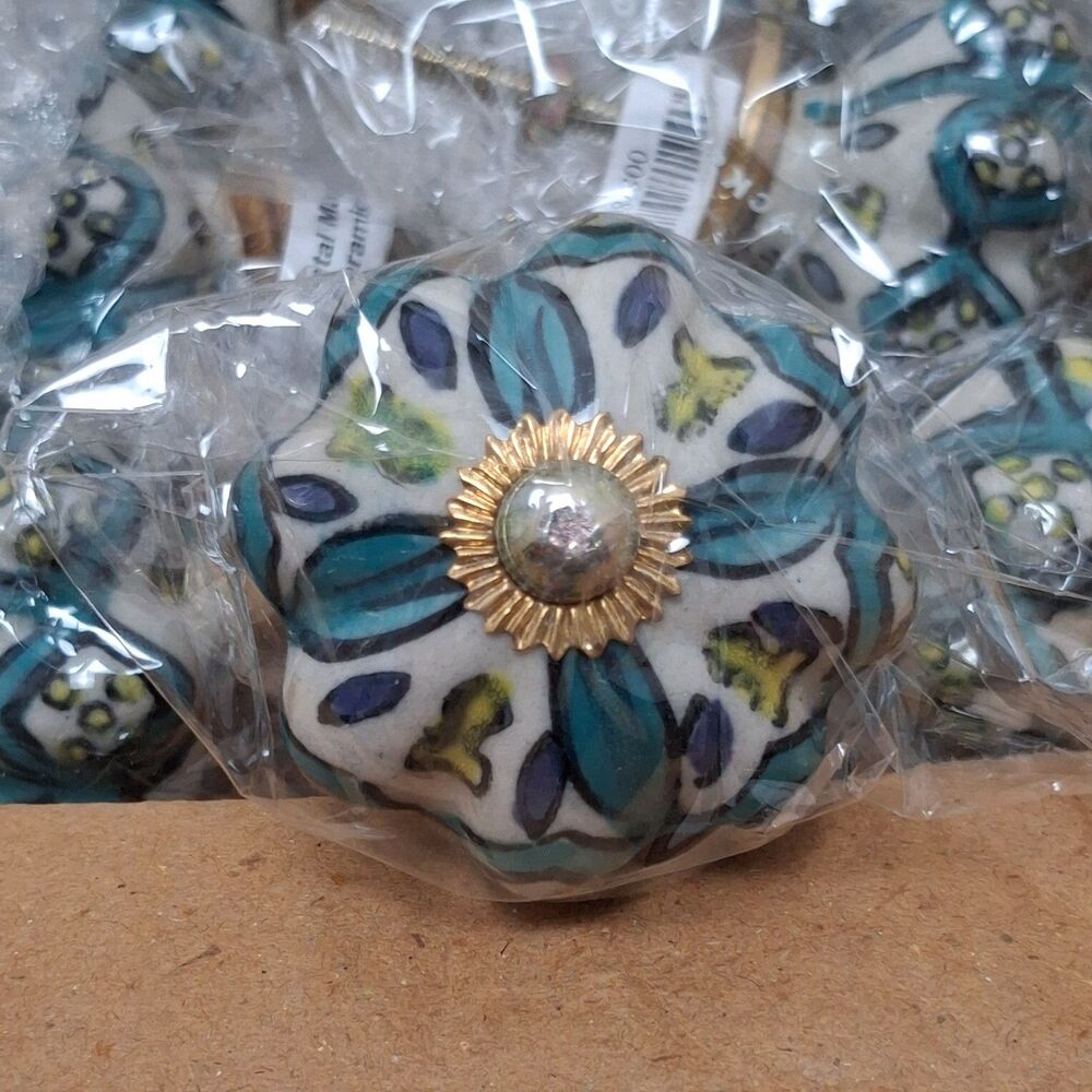 12 NEW Metal Magic LLC Ceramic Drawer Pull Knob Floral Yellow Green Blue Cottage